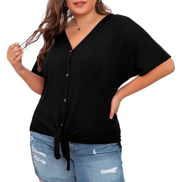 Plus Size Womens V Neck Waffle Knit Top Short Sleeve Button Front Tunic - Picture 4 of 6